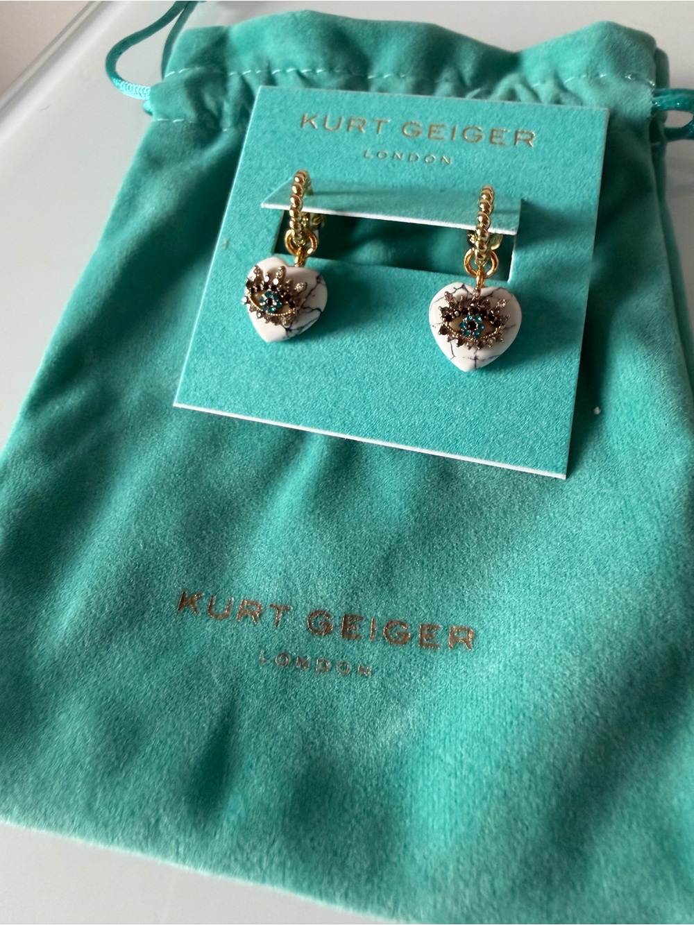 Kurt Geiger white heart eye crystal Gold Hoop Earrings